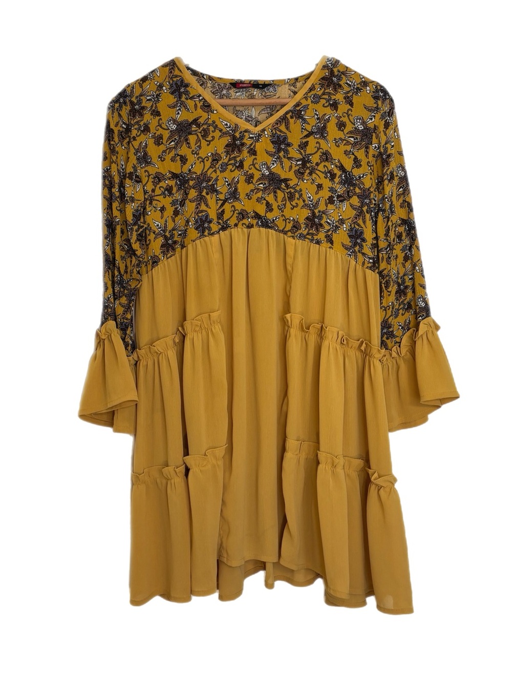 Red brand mustard yellow long sleeve oversized ruffle tier mini dress